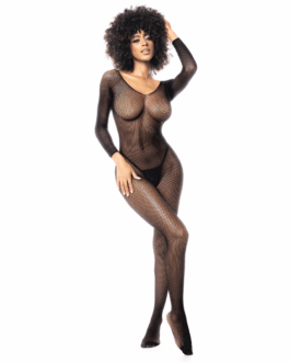 Langarmige Visnet Bodystocking – Één maat – Zwart