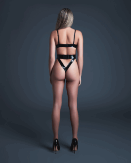 Crave Me – Latex-look Vinyl en Mesh Hoge Cut Bodysuit – L – Zwart