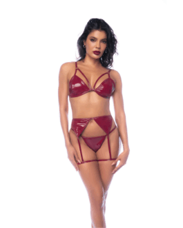 Drie-delige Bh-set – L – Glanzend Wijnrood