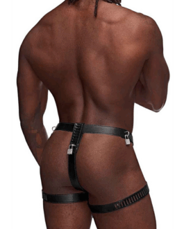 Scorpio – Imitatieleren Chastity Thong – One Size – Zwart