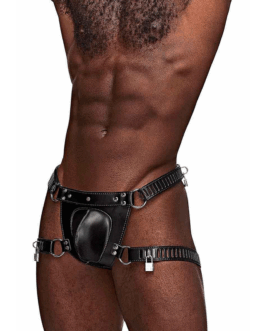 Scorpio – Imitatieleren Chastity Thong – One Size – Zwart