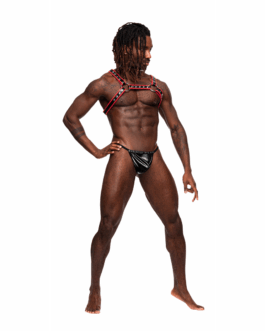 Leo – Imitatie Leren Harnas – One Size – Zwart/Rood