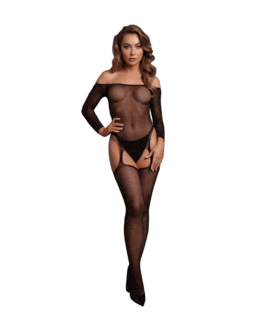 Glanzende Off the Shoulder Bodystocking – One Size – Zwart/Goud Glitter