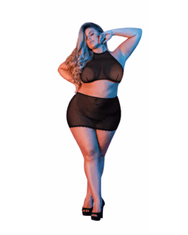 Polka Dot Mesh Halter en Rok Set – 2X – Zwart