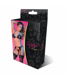 Peek-a-Boo Bh, Garter en G-String Set – L/XL – Zwart
