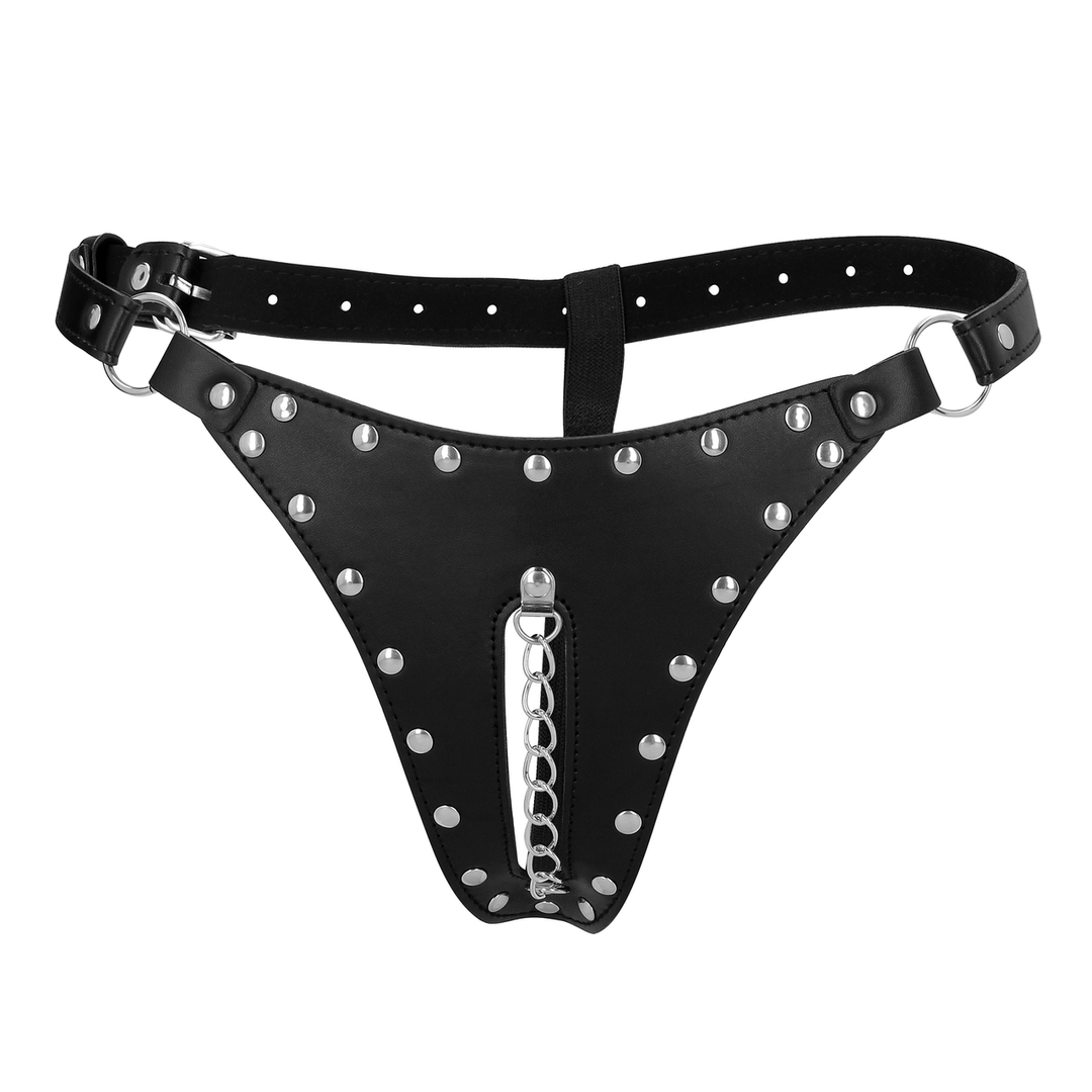 PU Leren Chastity Thong met Keten Detail - Zwart - Afbeelding 4