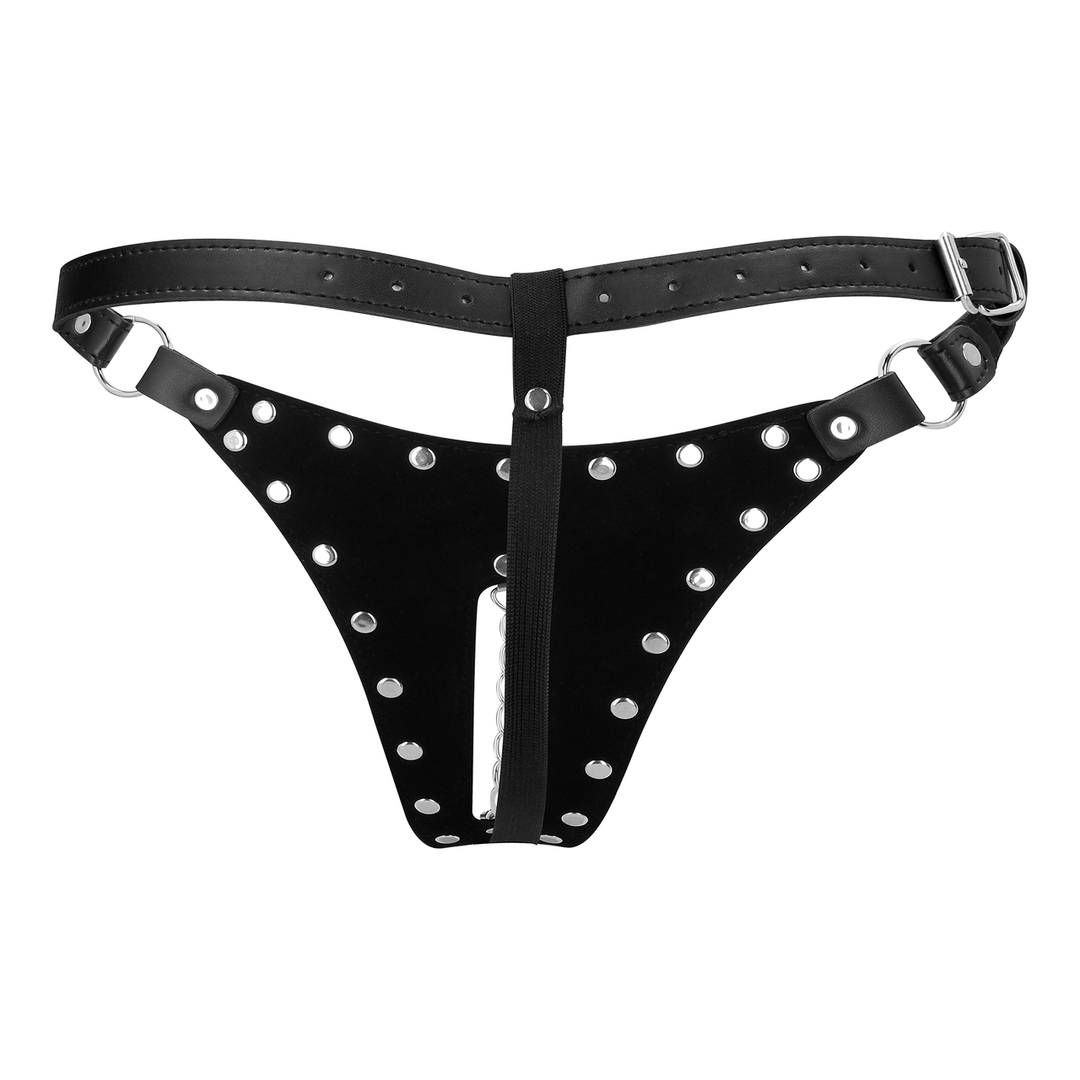 PU Leren Chastity Thong met Keten Detail - Zwart - Afbeelding 5