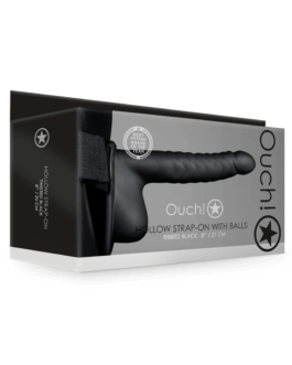 Geribbelde Hollow Strap-On met Ballen – 8 / 21 cm – Zwart