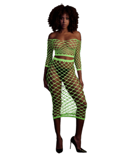 Langsleeve Crop Top en Lange Rok – One Size – Neon Groen