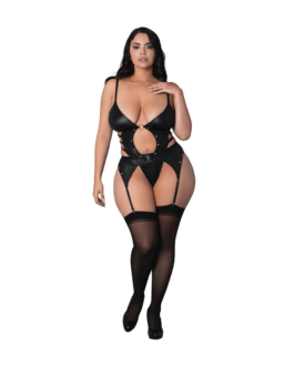 Kira – Open Front Basque met Kousenbanden en String – 2X – Zwart