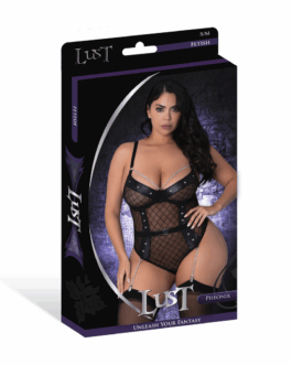 Phoenix – Diamant Gaas Teddy en Kousenband met Kettingen, Ringen en Studs – 2X – Zwart