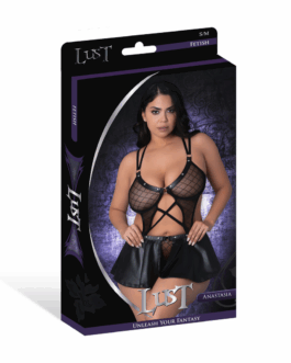 Anastasia – Cami Open Scrotch Rok Panty en Bh met Ringen en Studs – 2X – Zwart