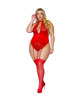 Dames Stretch Kanten en Stretch Velvet Garter Teddy – Plus Size – Rood