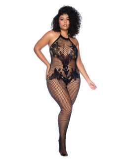 Halter en Kralenloze Bloemen Bodystocking – Koninginneformaat – Zwart
