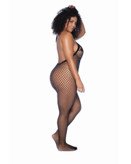 Halter en Kralenloze Bloemen Bodystocking – Koninginneformaat – Zwart