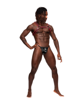 Leo – Imitatie Leren Harnas – One Size – Zwart/Rood