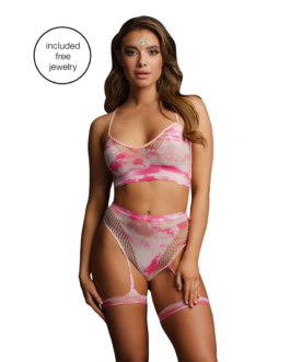 2-delige bh-set met jarretels en schitterende eye contact bling sticker – One Size – Multicolor