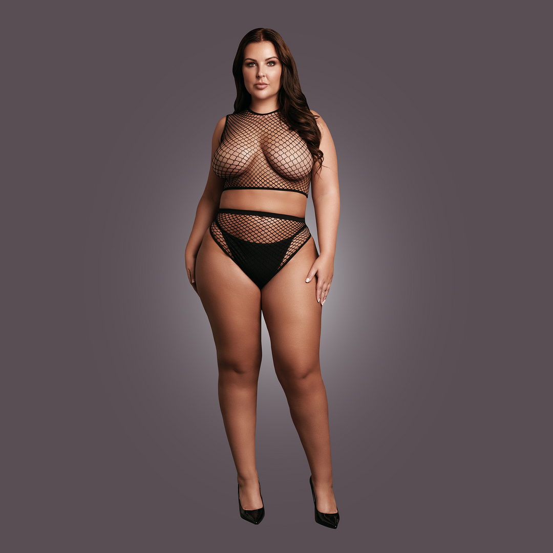 2-delige Crop Top - Pantie en Fishnet Structuur - OSX - Zwart - Afbeelding 5