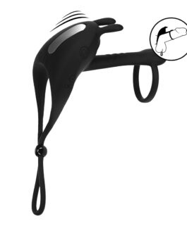 Verstelbare Bunny Vibrerende Siliconen Lasso Cockring en Schachtlus – Zwart