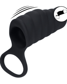 Vibrerende Geribbelde Siliconen Cock Sleeve en Ball Ring – Zwart