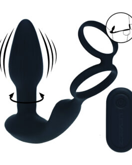 Dual Vibrating Remote Rotating Beads Silicone Prostate Stimulator with Cock and Ball Ring – Black