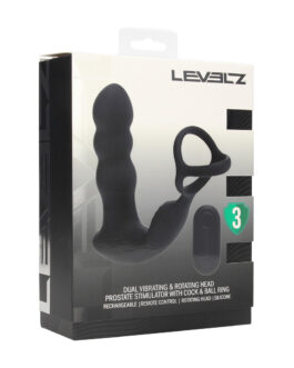 Dual Vibrating Remote Rotating Head Silicone Prostate Stimulator with Cock and Ball Ring – Black