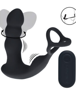 Dual Vibrating Remote Rotating Head Silicone Prostate Stimulator with Cock and Ball Ring – Black