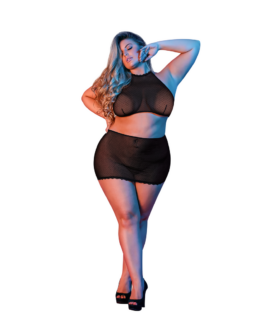 Polka Dot Mesh Halter en Rok Set – 2X – Zwart