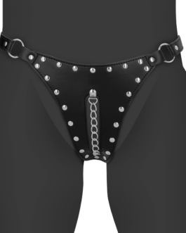 PU Leren Chastity Thong met Keten Detail – Zwart