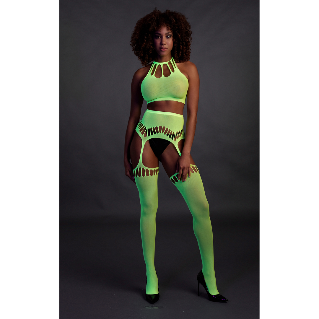 Twee-delige set met crop top en panty - One size - Neon groen - Afbeelding 4