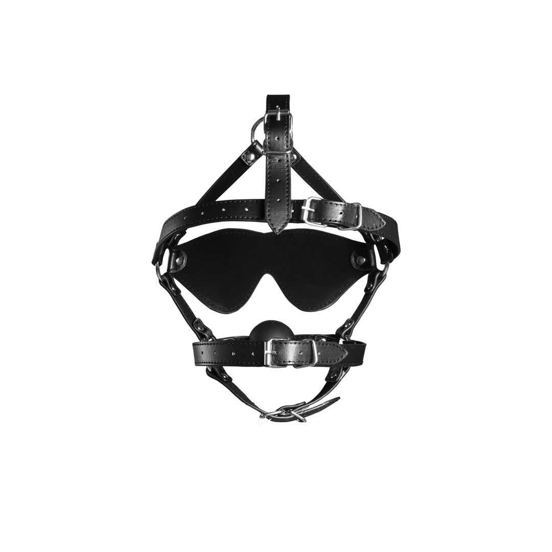 Blindfolded Head Harness met Solid Ball Gag - Zwart - Afbeelding 6