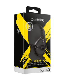 Hoofdharnas met ademende ball gag en neus haken – Zwart