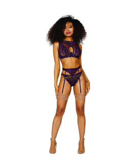 Dames Kanten en Gaas 3 Delige Set – XL – Aubergine